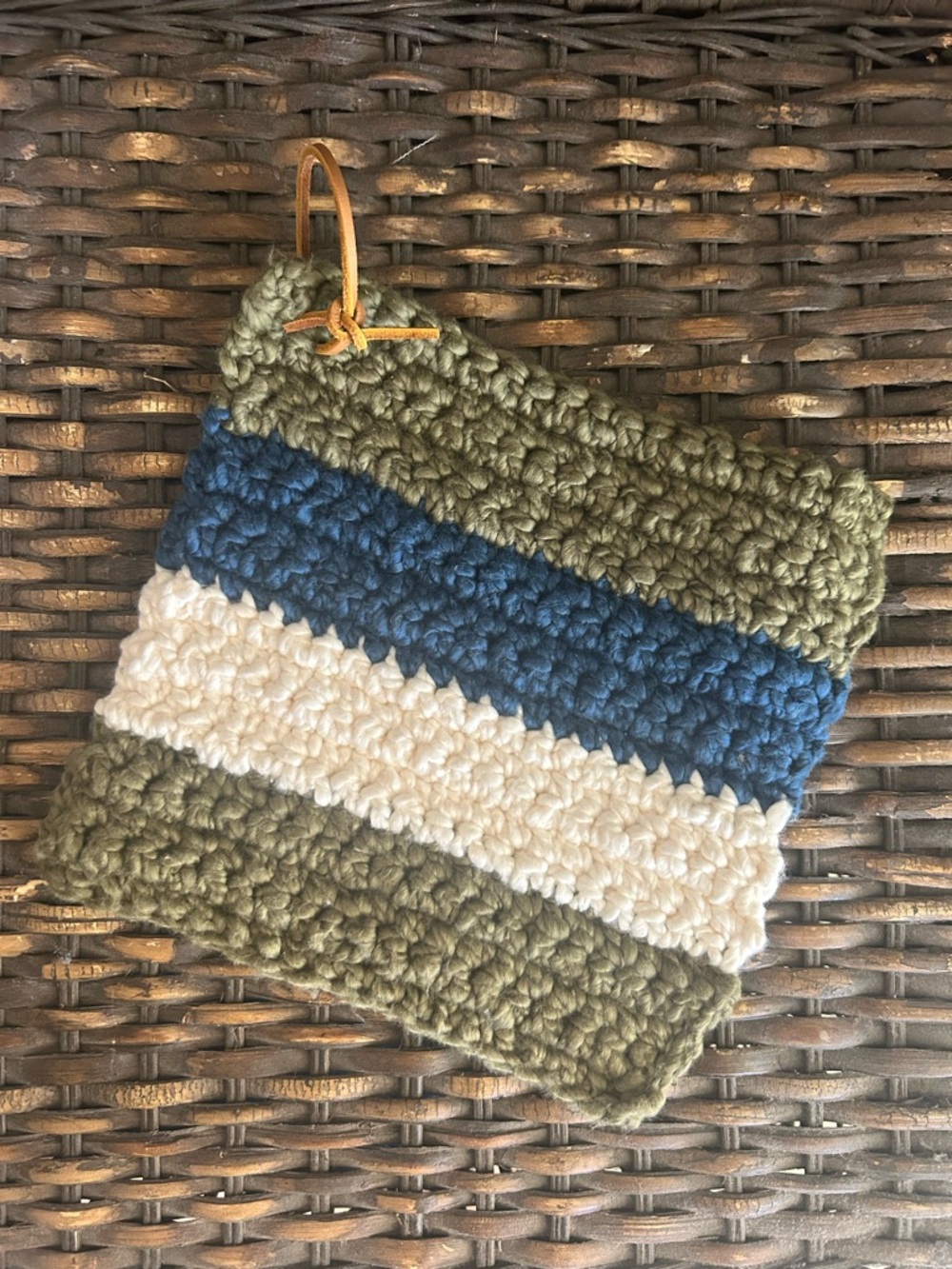 Mother’s Day Gift chunky Crocheted Hot pad/ Trivet , Olive & Cream